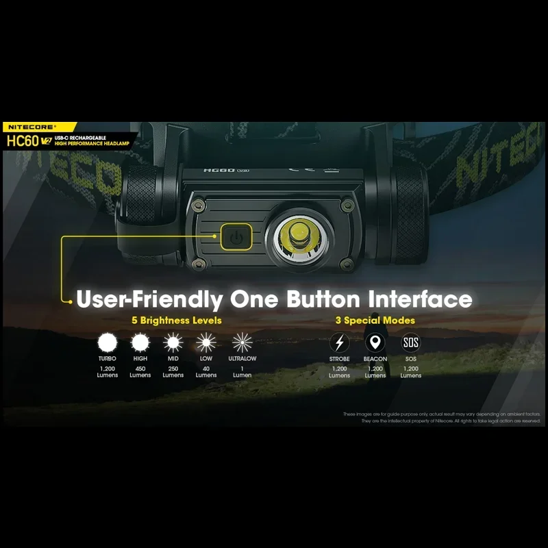 NITECORE HC60 V2 Headlamp 1200 Lumens Rechargeable Utilizes P9 LED Source 3400mah Battery