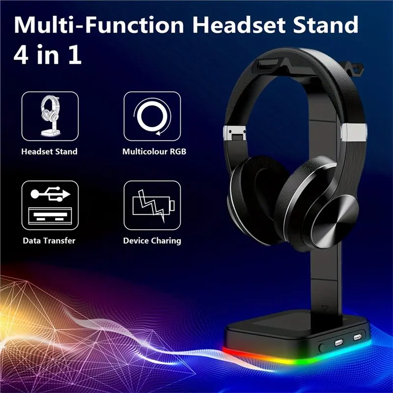 RGB 색상 변경 LED 게이밍 헤드셋 스탠드, 키보드 마우스 휴대폰 충전을 위한 듀얼 USB 포트가 있는 속도 조절 가능