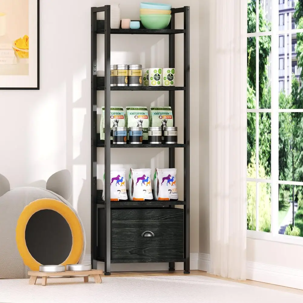 5 Tier Ladder Bookcase with Adjustable Shelves and Removable Fabric Drawer Living Room Bedroom Office Storage Organizer 2
