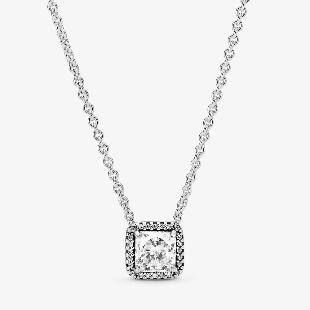 

925 Sterling Silver Square Sparkle Halo Necklace Fashion Women Wedding Engagement Jewelry Accessories