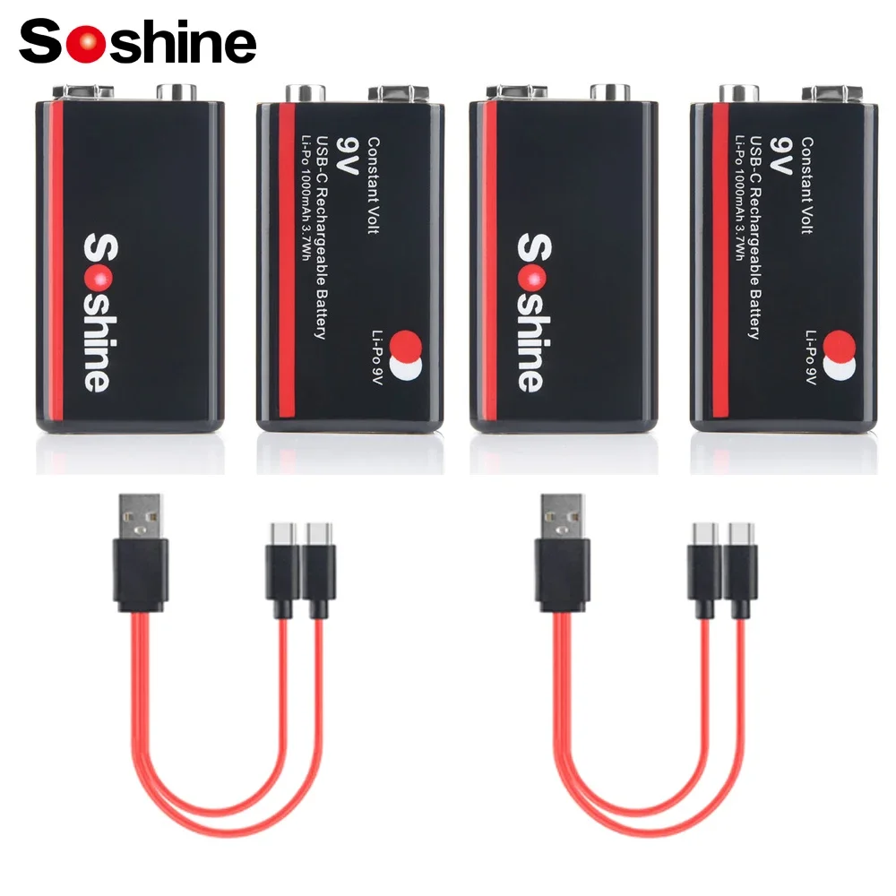 SOSHINE 9V Rechargeable Battery 1000mAh, USB Lithium ion Li Po 6F22 Constant Voltage Output