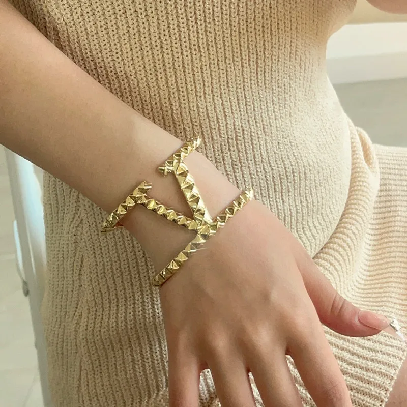 Fashion Heavy Metallic Big Statement Letter Wide Cuff Bracelets Bangles For Women Double Layers Punk Open Bracelet metal bracelet