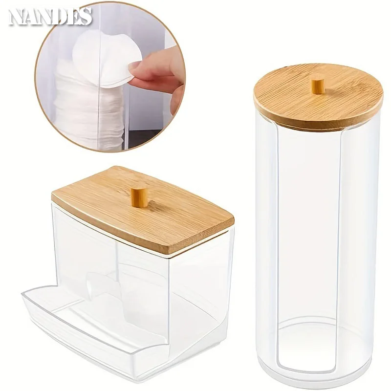 Acrylic Storage Box Bathroom Jar Makeup Organizer Cotton Round Pad Holder Cotton Holder Dispenser with Bamboo Lid Clear Plastic 4