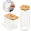 Acrylic Storage Box Bathroom Jar Makeup Organizer Cotton Round Pad Holder Cotton Holder Dispenser with Bamboo Lid Clear Plastic 4