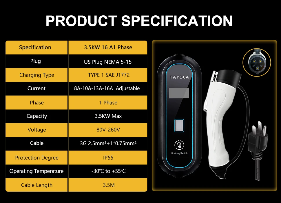 Electric Vehicle EV Charger NEMA 5-15 Plug Level 1 Charging Cable for TYPE 1 J1772 Electric Cars Indoor Outdoor Use 14