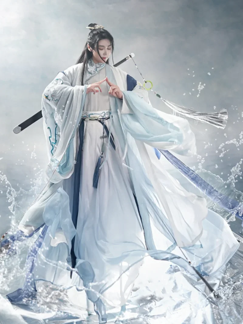 Large Size 3XL Hanfu Men Chinese Traditional Embroidery Hanfu Male Cosplay Costume Fancy Dress Blue&White Hanfu Set For Men 3XL