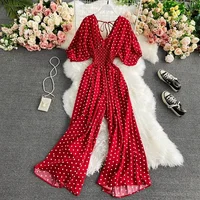 Autumn Sexy Polka Dot Romper Women Elegant V-Neck Puff Short Sleeve High Waist Jumpsuit Female Loose Wide Leg Playsuits Fashion - Image 3