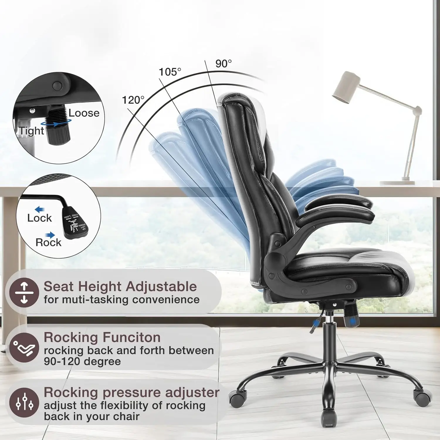 Office High Back PU Leather Executive Computer Desk Lumbar Support Flip up Armrest Gaming Rolling Chair with Wheels Black 4