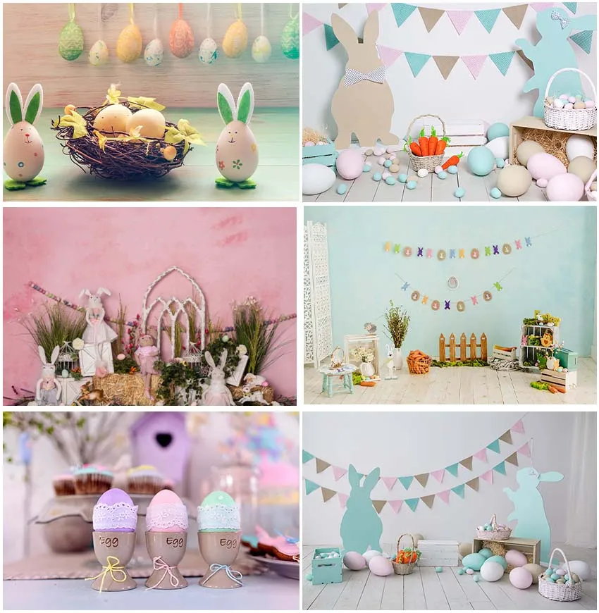 Rabbit Bunny Image Backdrops Wood Boards Photographic Easter Eggs Interior Decoration Customized Color Flag Plants Backgrounds