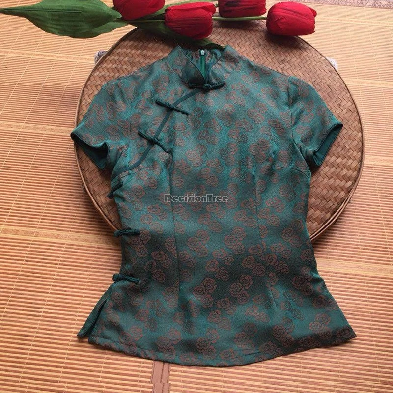 new chinese short-sleeve improved printed tang suit top short style vintage women's dress disc buckle cheongsam blouse w370