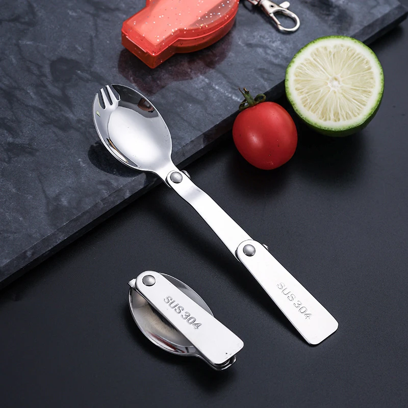 304 Stainless Steel Folding Spoon Outdoor Portable Foldable Reusable Forks Travelling Spoon Case Camping Tableware Kitchen Tools camping cutlery portable tableware portable cutlery titanium tableware