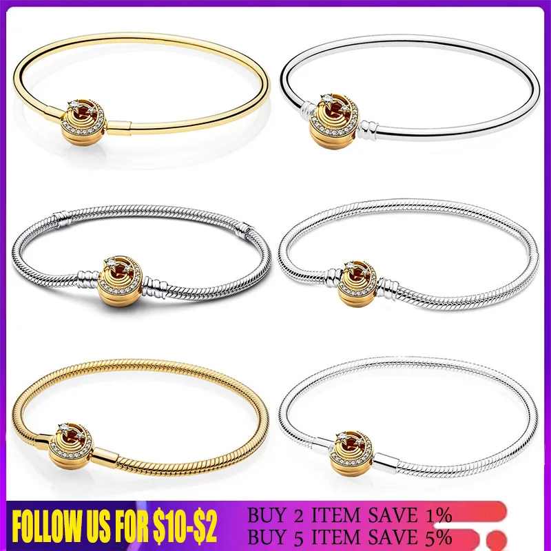 

6 Style 925 Sterling Silver Bangle Charms Gold Star Meteor Bracelet Clasp Snake Chain Basic Bracelet For Women Diy Jewelry Gift