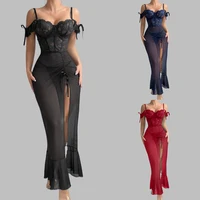 Ladies V Neck Sleepwear Set with Spaghetti Straps Lace Up Front and Sheer Mesh Fabric with Slit Includes Nightdress and Panties