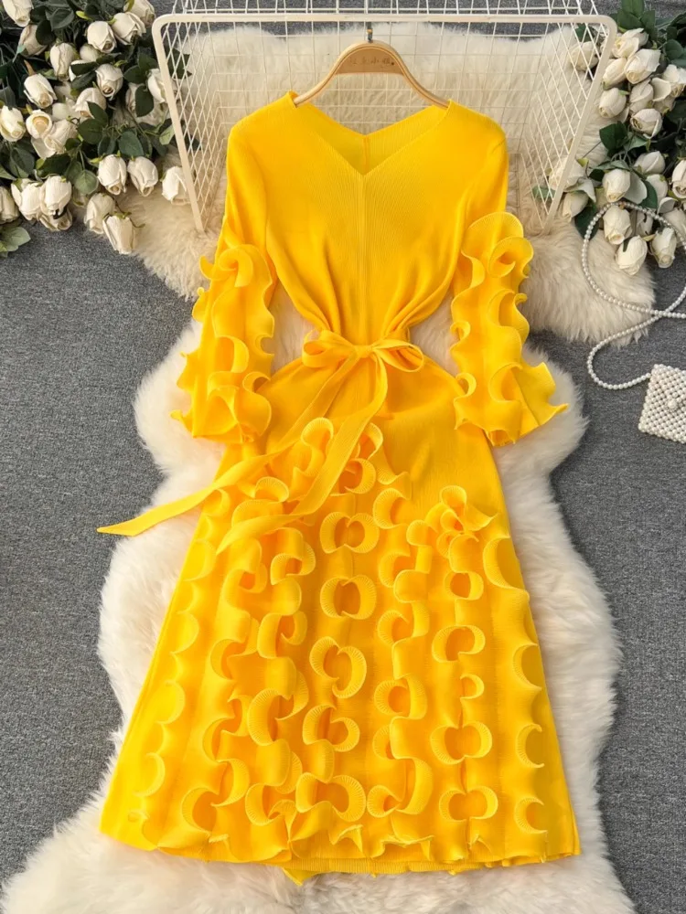 

Harajpee European American Style Dresses Haute Couture Dress Ruffle Edge Design Women Niche Exquisite Temperament Long Vestido