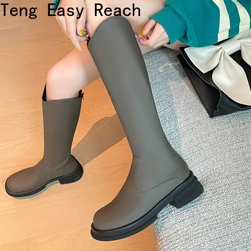 

2022 New Winter Style with Fleece Medium Chunky Heel Knight Boots Women's Platform Boots High Heel Shorty Long Boots retro green