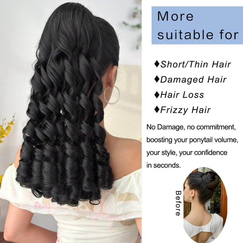 LUPU 20 inch Long Wavy Synthetic Ponytail, Drawstring Roman Curly Ponytail, Wine Red, Suitable for Women's Daily Wear