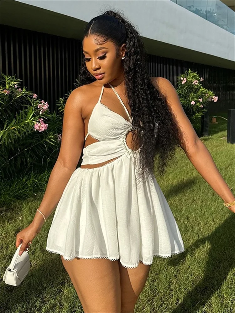 Wmstar Dresses Women Elegant V Neck Slip Sweet Mini Halter Dress Hollow Out Fahion New in Summer Clothes Wholesale Dropshipping