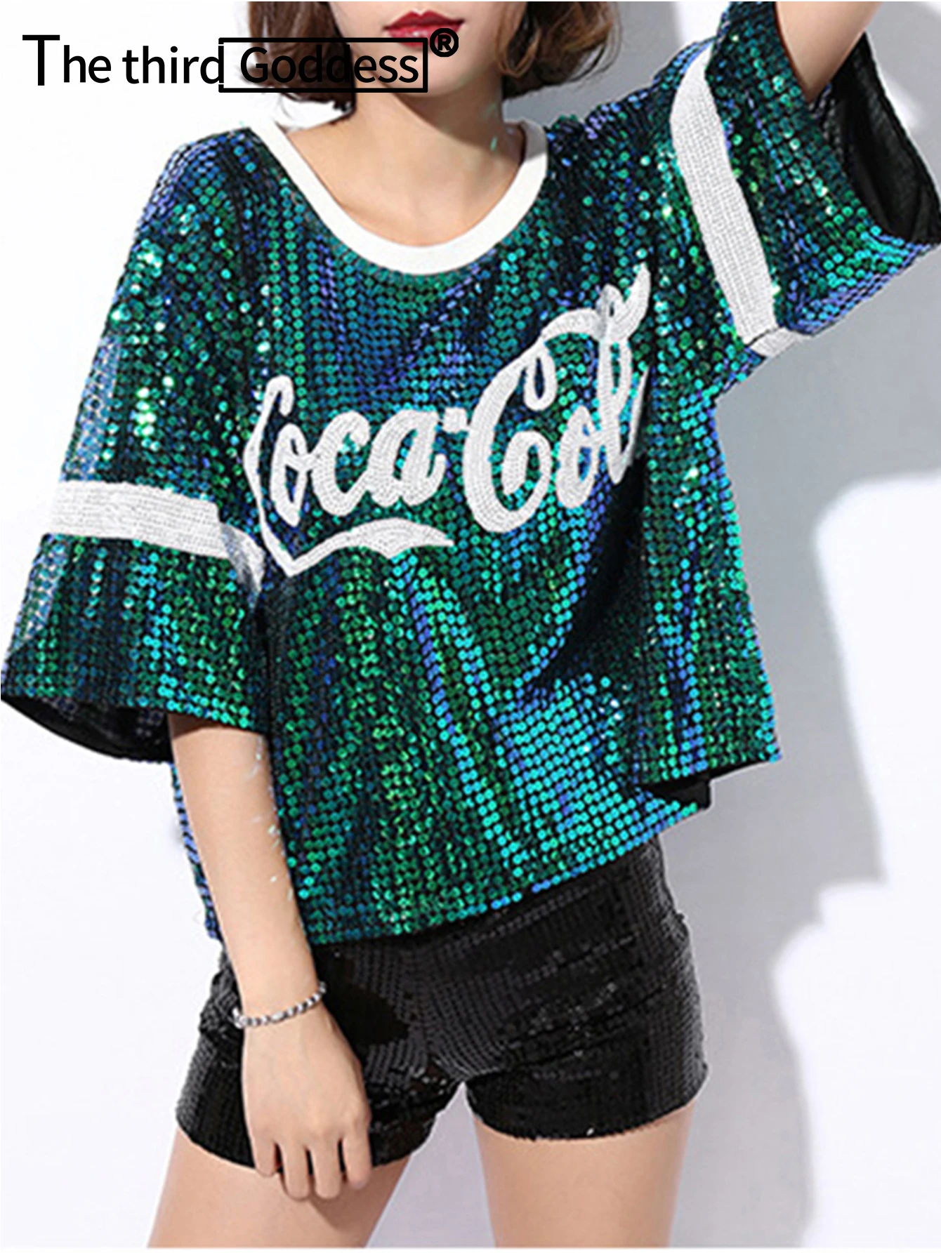 

Street dance Sequins women Hip Hop O Neck Short Half Flare Sleeve T shirt crop top Summer festival shirt party show befree Top