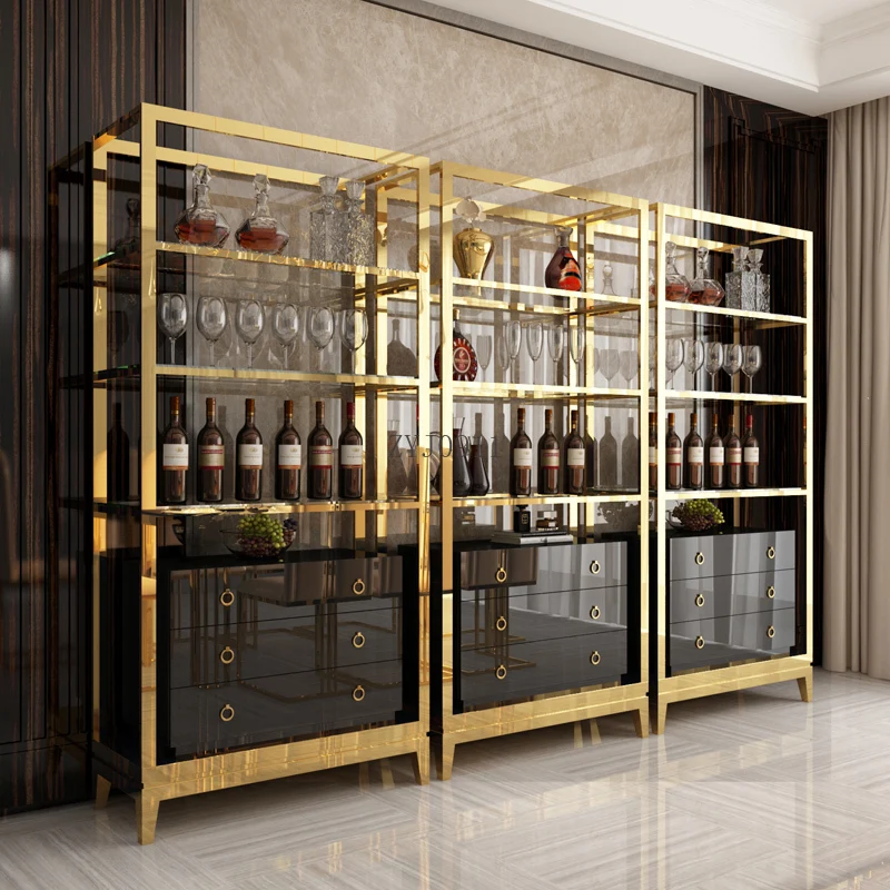 *Stainless Steel Gold Wine Bar Cabinet Display Shelving With Drawers Sideboard Modern China cabinet For Living Room