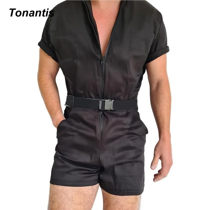 Fashion Men's Bodysuit Men Overall Shorts Zipper Temperament Slim Short Sleeve Romper Shorts Male Men Jumpsuit Streetwear
