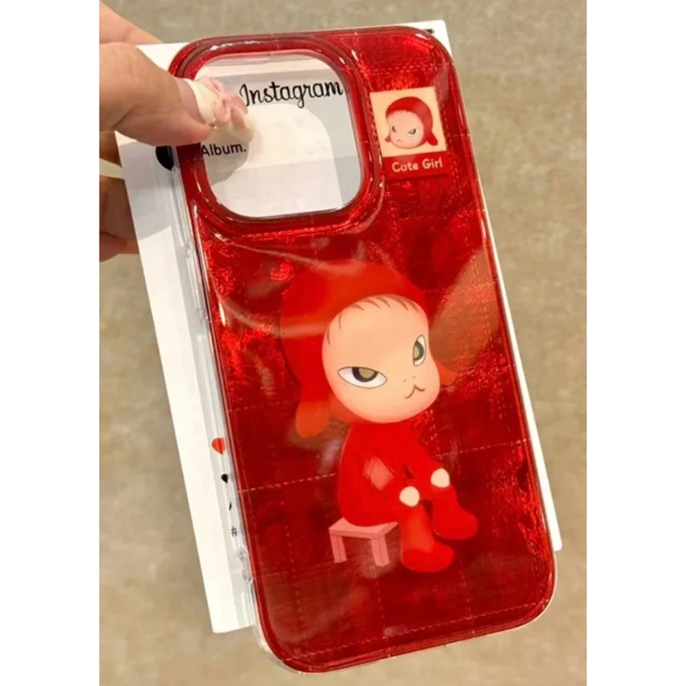 Sitting Girl Illustration Case with Red Background and Feather Texture