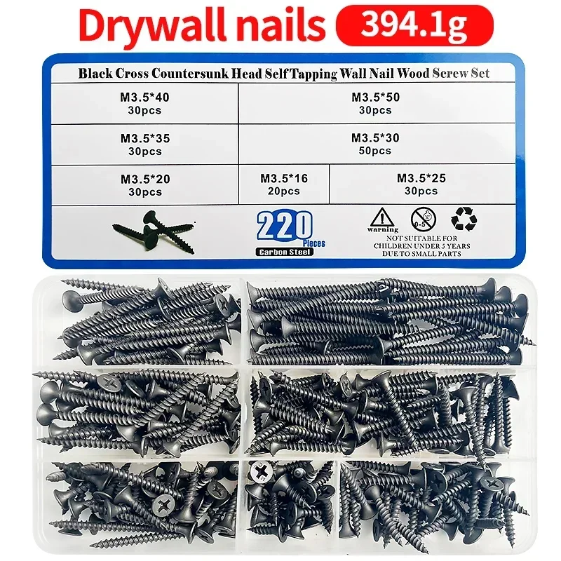 

220Pcs/Box M3.5 Screw Set Carbon Steel Flat Head Screw Self-tapping Screws Assortment Kit Drywall Phillips Wood Screws Kit Box