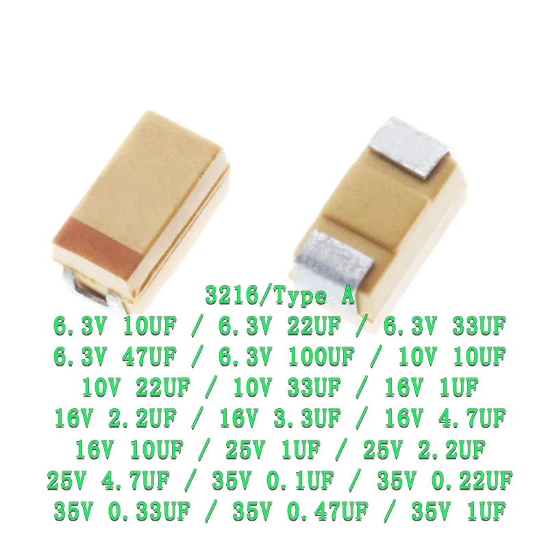 

10pcs Type A 100UF 0.22UF 1UF 4.7UF 10UF 22UF 33UF 47UF Tantalum Capacitor 6.3V 10V 16V 25V 35V 226 336 224 475 106 107 476 105