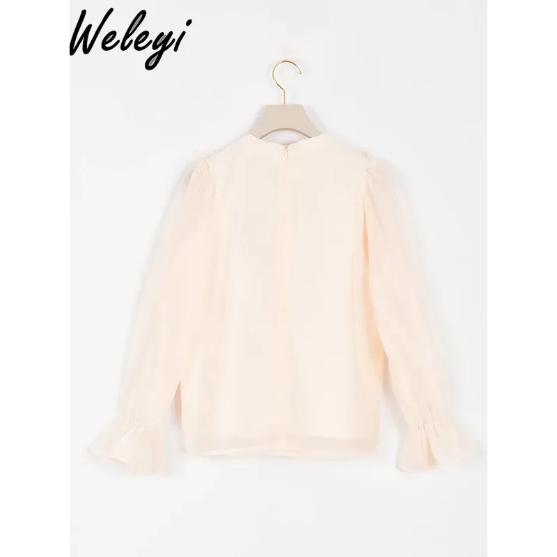 Fashion Thin and All Matching Spring Small Shirt Women's Japanese Summer Sweet Elegant Commuter Ruffled Hollow Out Chiffon Tops