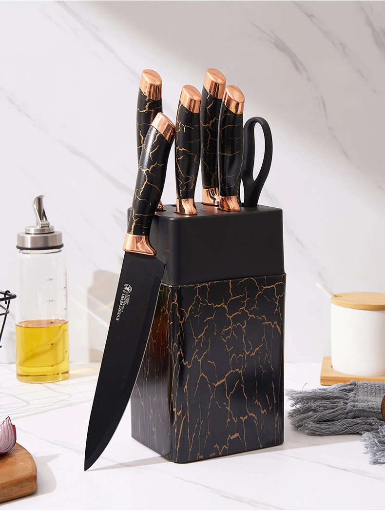 7pcs Kitchen Knife Sets Stainless Steel Chef Knife Bread Knife Marble Textured Handle Sets Tool Holder with Grinding Stone