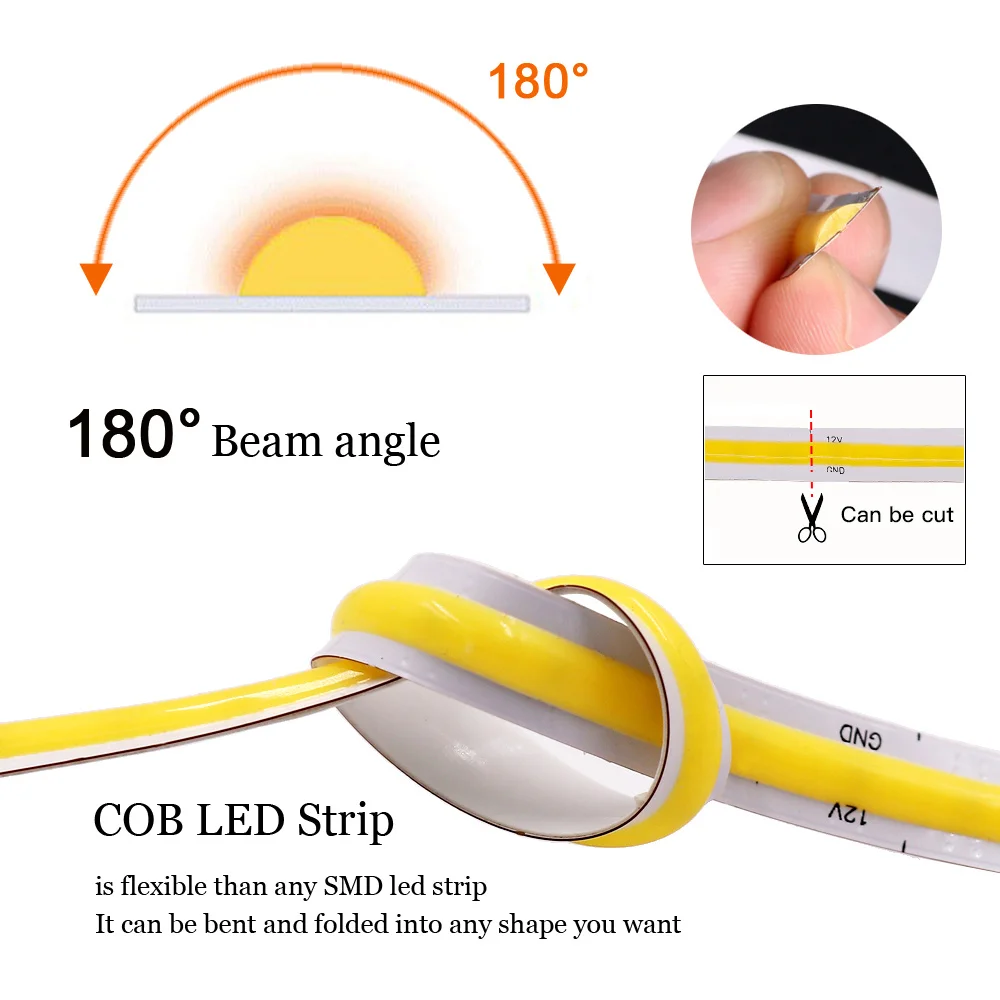 12V 24V COB LED Strip Light 320 480 528 LEDs Flex Tape High Density Linear Lighting Warm Natural White 8mm PCB 0.5m 1m 2m 5m 10m 5