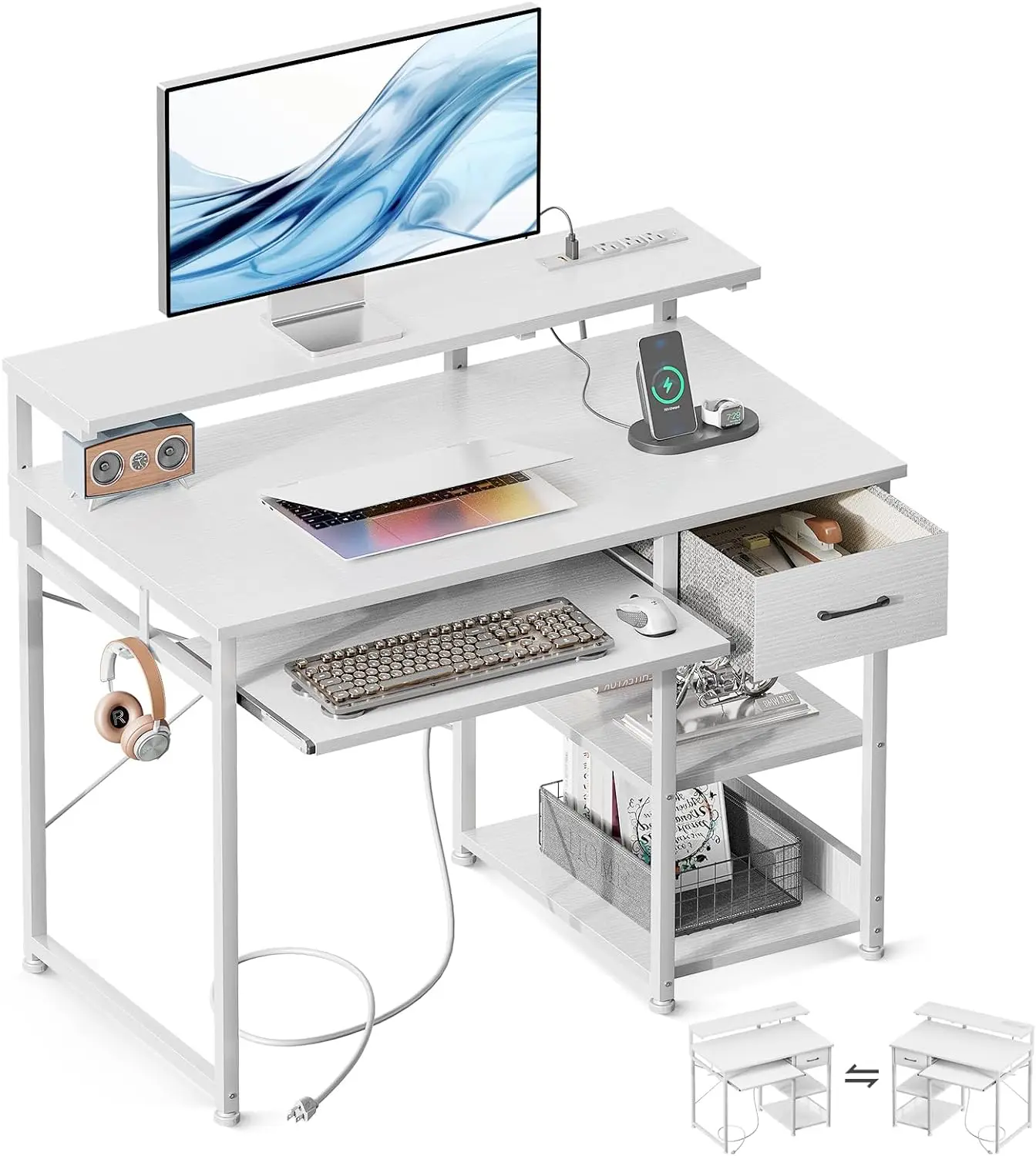 Small Computer Desk with Keyboard Tray, 40 Inch Office Desk with Power Outlet, Work Desk with Drawer, Reversible
