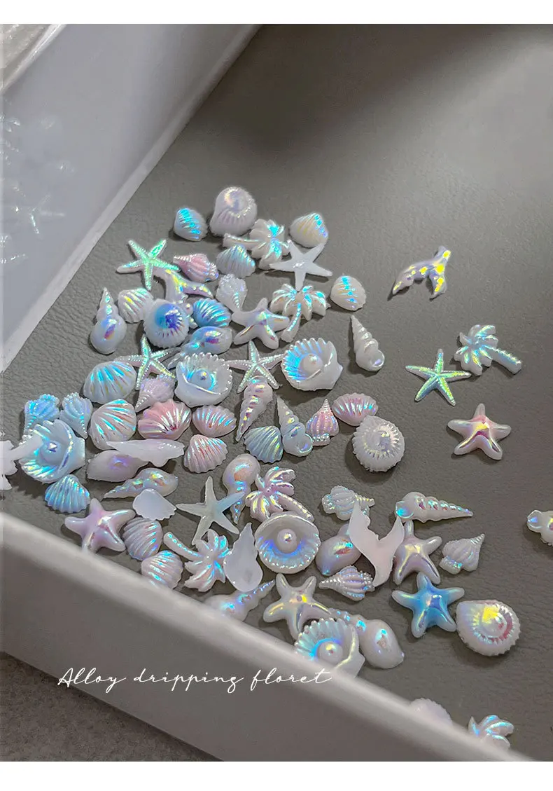 여름 반짝이는 바다 물결 네일 아트 액세서리 오로라 쉘 불가사리 물고기 꼬리 3D 네일 참 DIY 매니큐어 장식 부품