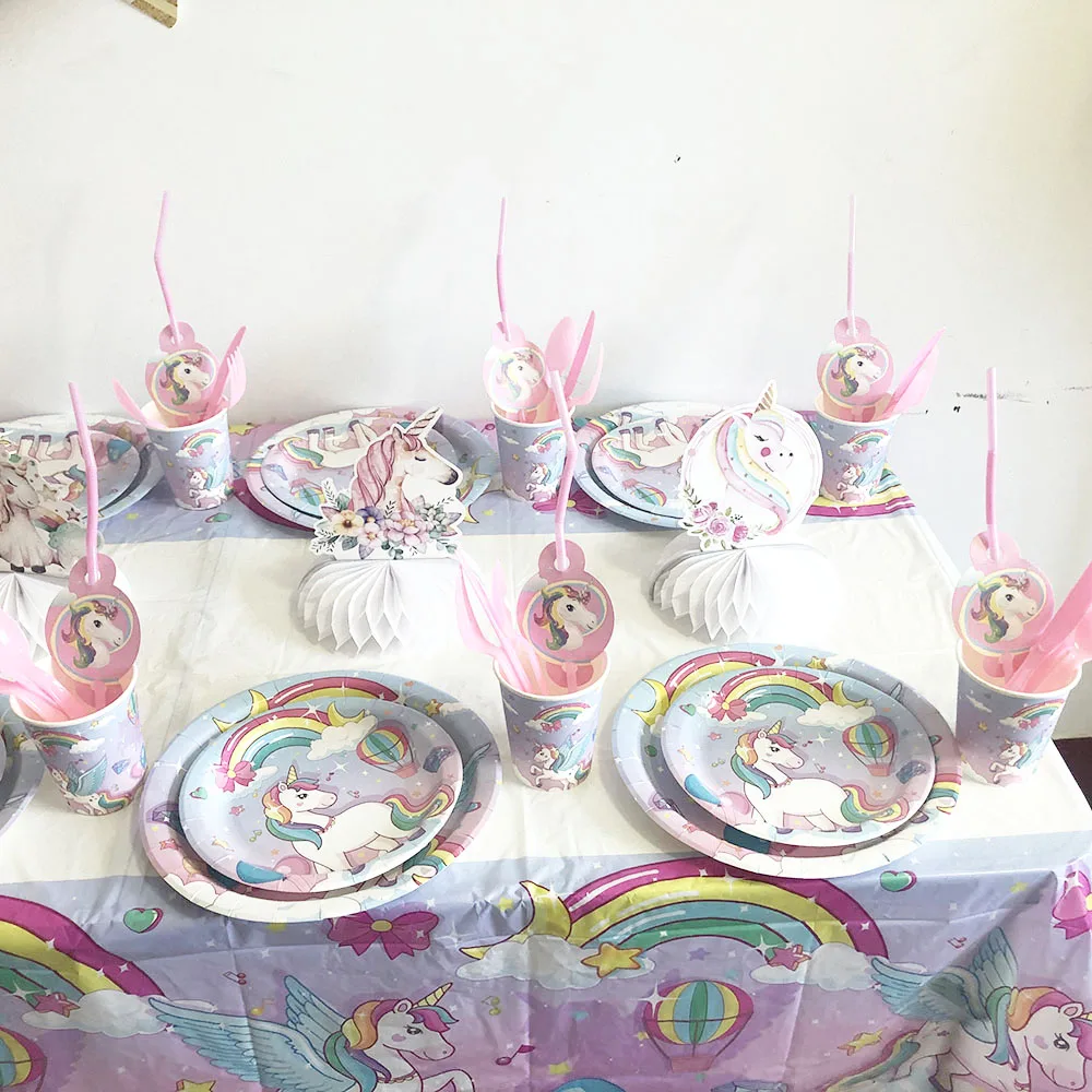 Birthday Party Supplies New Children&rsquo;s Rainbow Unicorn Birthday Party Disposable Tableware Set Paper Cup Paper Towel Unicorn Balloon Party Decoration