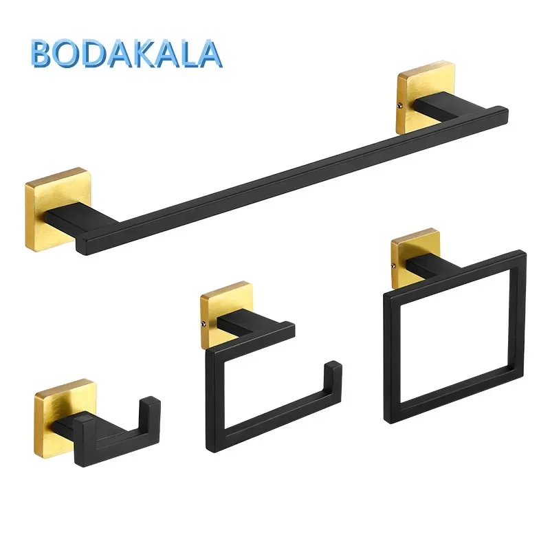 Matte Black Gold Bathroom Accessories Set Wall Towel Holder Roll Paper Holder Towel Ring Robe Hook Stainless Steel Hardware Set