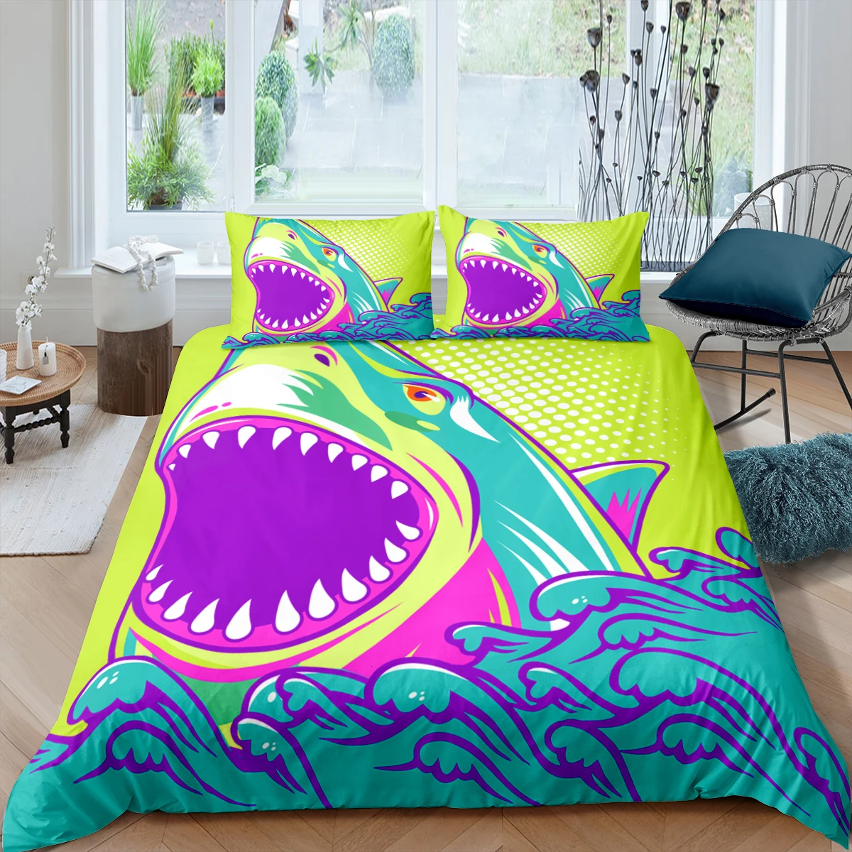 

Home Living Luxury 3D Print Cartoon Shark Bedding Set Sea Duvet Cover Pillowcase Queen and King EU/US/AU Size Polyester Bedding
