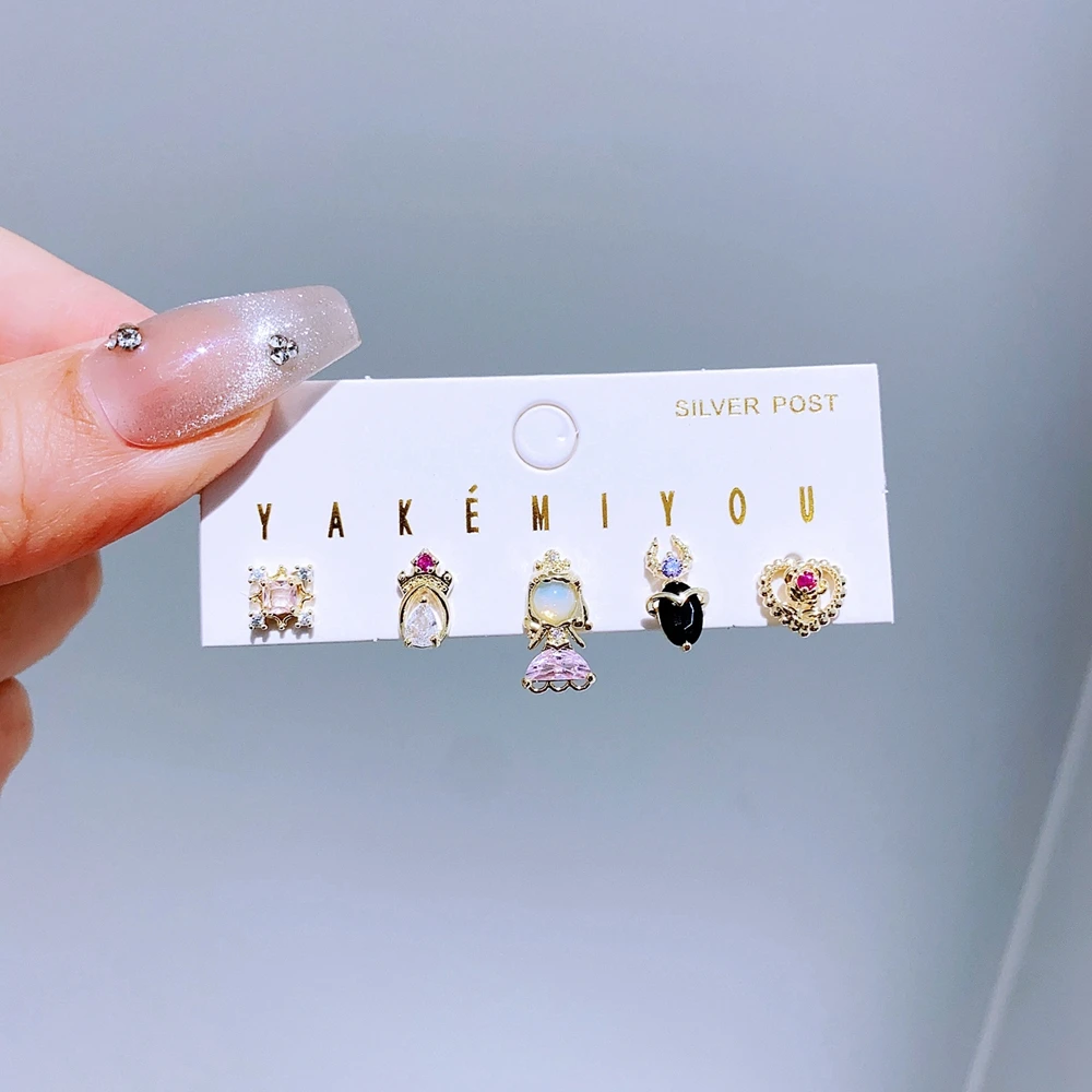 5pcs/set Mixed Design Stud Earrings for Women Girls Gold Color Cubic Zirconia Princess Gift Jewelry 2