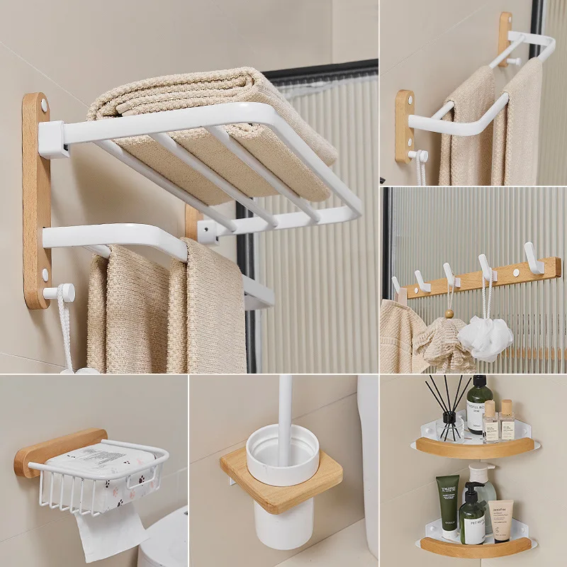 

Wooden Bathroom Hardware Sets Towel Ring Rack Paper Holder Towel Bar Hook Beech Shelf Bathroom Accessories White Kit
