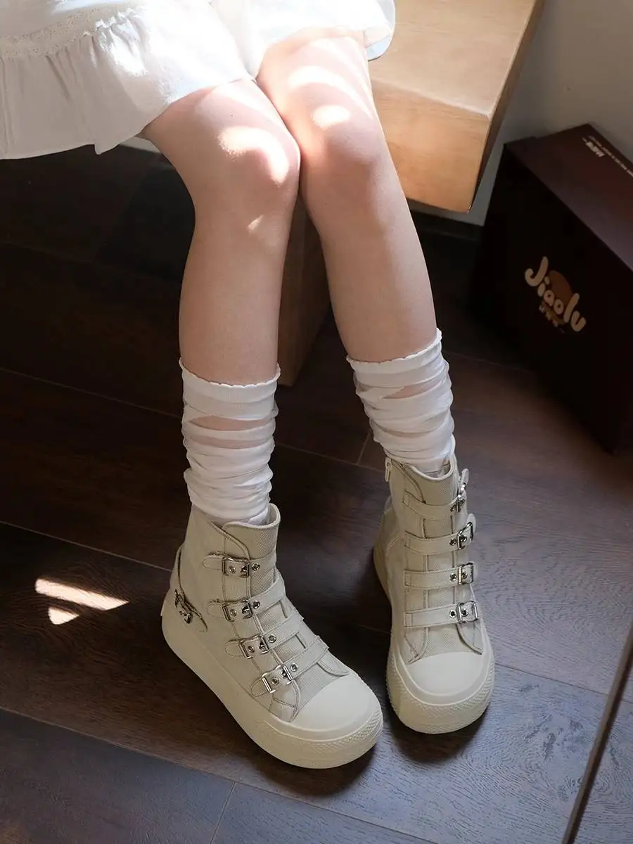 2024 Belt Buckle Woman Platform Sneakers Shoes Female Retro Punk High-top Casual Shoes Canvas Shoes Ladies Fashion Cloth Shoes 4