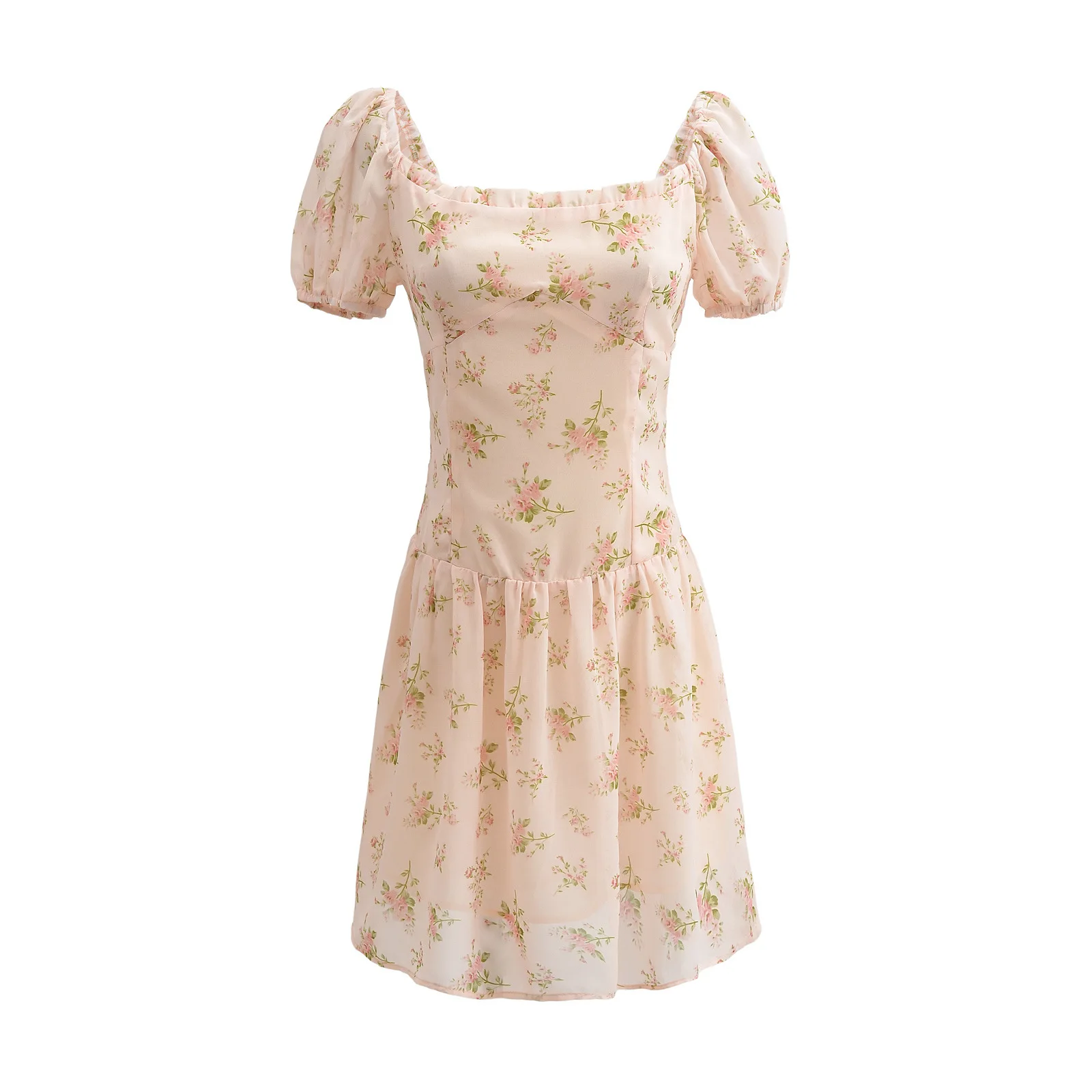 

Spring New French Retro Casual Sexy Square Collar Bubble Sleeve Floral Printed Chiffon Dress