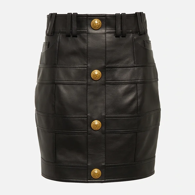 

Spot 2023 new European and American star fashion lion button splicing bag hip leather skirt skirt