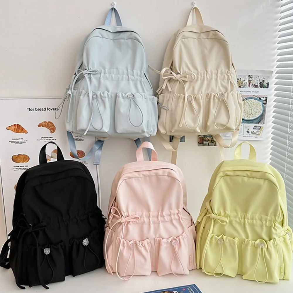 Minimalist Solid Bowknot Students Schoolbag Tutoring Bag Large Capacity Knapsack Waterproof Outdoor Travel Backpack Tote Gift 1