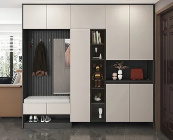 โมเดิร์นหรูหราไม้ห้องโถงกระจกเฟอร์นิเจอร์เก็บสมาร์ทชั้นวางรองเท้าตู้ PVC Lacquer อะคริลิค MDF รวมทั้งอ่างล้างจานบานพับก๊อกน้ํา 2