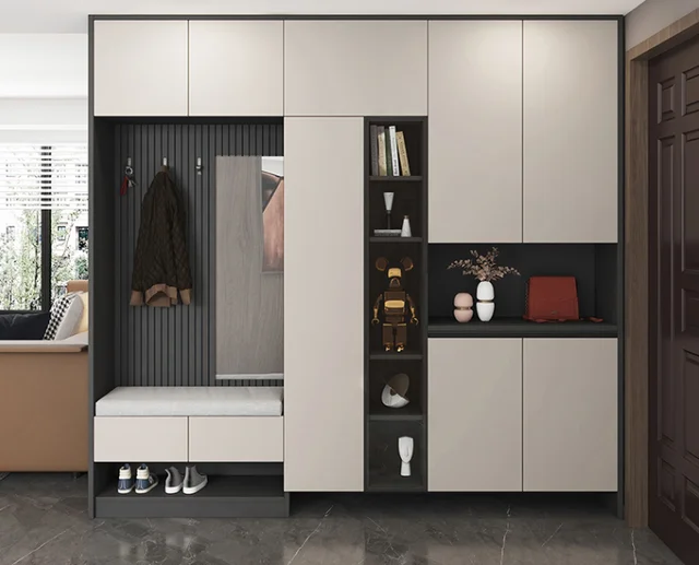 โมเดิร์นหรูหราไม้ห้องโถงกระจกเฟอร์นิเจอร์เก็บสมาร์ทชั้นวางรองเท้าตู้ PVC Lacquer อะคริลิค MDF รวมทั้งอ่างล้างจานบานพับก๊อกน้ํา 2