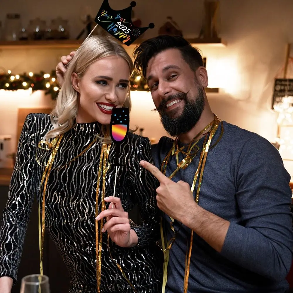 20pcs Cartoon 2025 New Year Photo Booth Props Paper Colorful Photo Dress Up Props Blessing DIY Happy New Year Decor