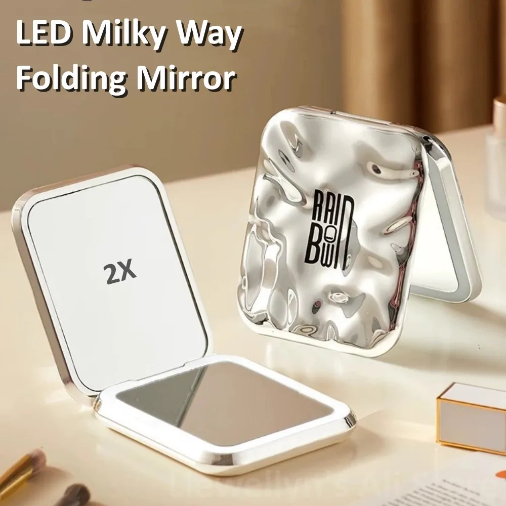 Led Make-Up Mirror Double Sided Folding With Lights Portable Hand Held Pocket Makeup Mirror 2x Magnifying Compact Travel