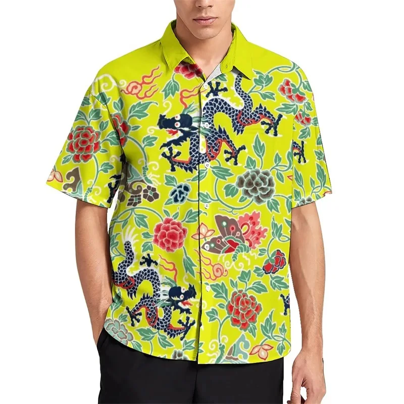Camisa hawaiana con estampado de dragón en 3D para hombre, camisa elegante de manga corta de gran tamaño de verano, camisetas casuales transpirables, camisas