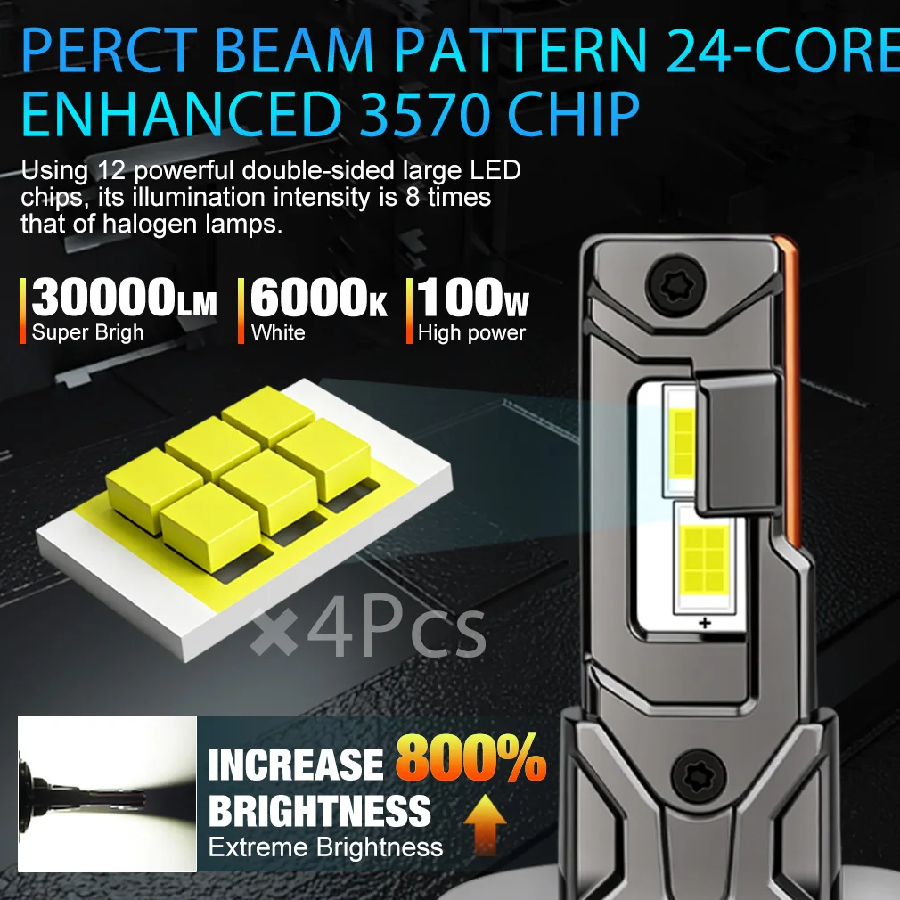 TOAUTO H4 LED 자동차 라이트 H1 H3 H11 H7 LED 헤드라이트 캔버스 30000LM 100W 자동 터보 램프 상/하향등 자동차 헤드라이트 6000K