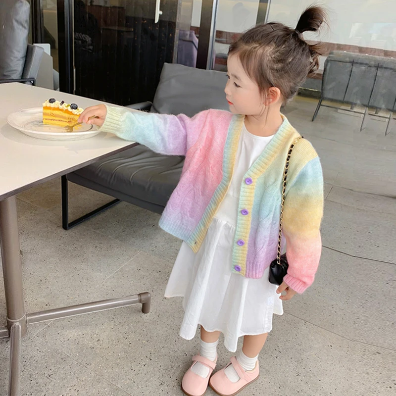 2-12 Years Girls Knitted Sweater New Rainbow Colorful Cardigan