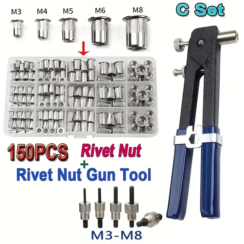 Description Picture 2 of item150pcs Rivet Nuts Gun Mandrel Kit M3/M4/M5/M6/M8 or Nut Rivet Mandrel Repair Tool Rivet Gun Flatheadscrew Pop Nut Rivet Gun Set
