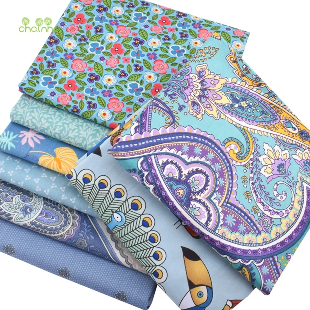 Chainho,Printed Twill Weave Cotton Fabric,Patchwork Cloth,DIY Quilting Sewing Material,Blue Floral Series,4 Specification,CC046